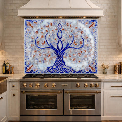 Tree of Life Glass Kitchen Backsplash Panel, Blue Mosaic Stove Guard Wall Art