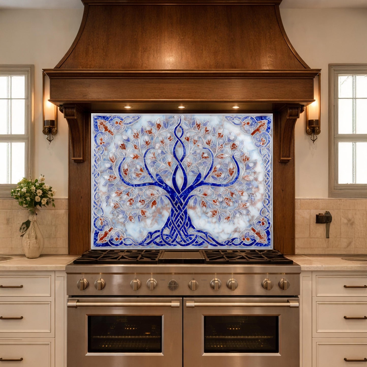 Tree of Life Glass Kitchen Backsplash Panel, Blue Mosaic Stove Guard Wall Art