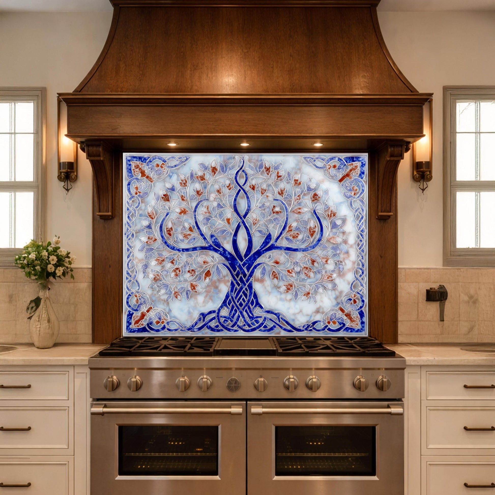 Tree of Life Glass Kitchen Backsplash Panel, Blue Mosaic Stove Guard Wall Art