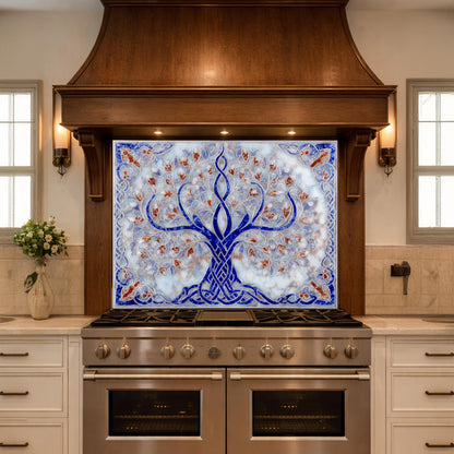 Tree of Life Glass Kitchen Backsplash Panel, Blue Mosaic Stove Guard Wall Art