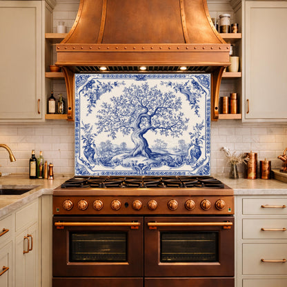 Blue White Olive Tree Glass Backsplash, Vintage Ceramic Tile Kitchen Panel
