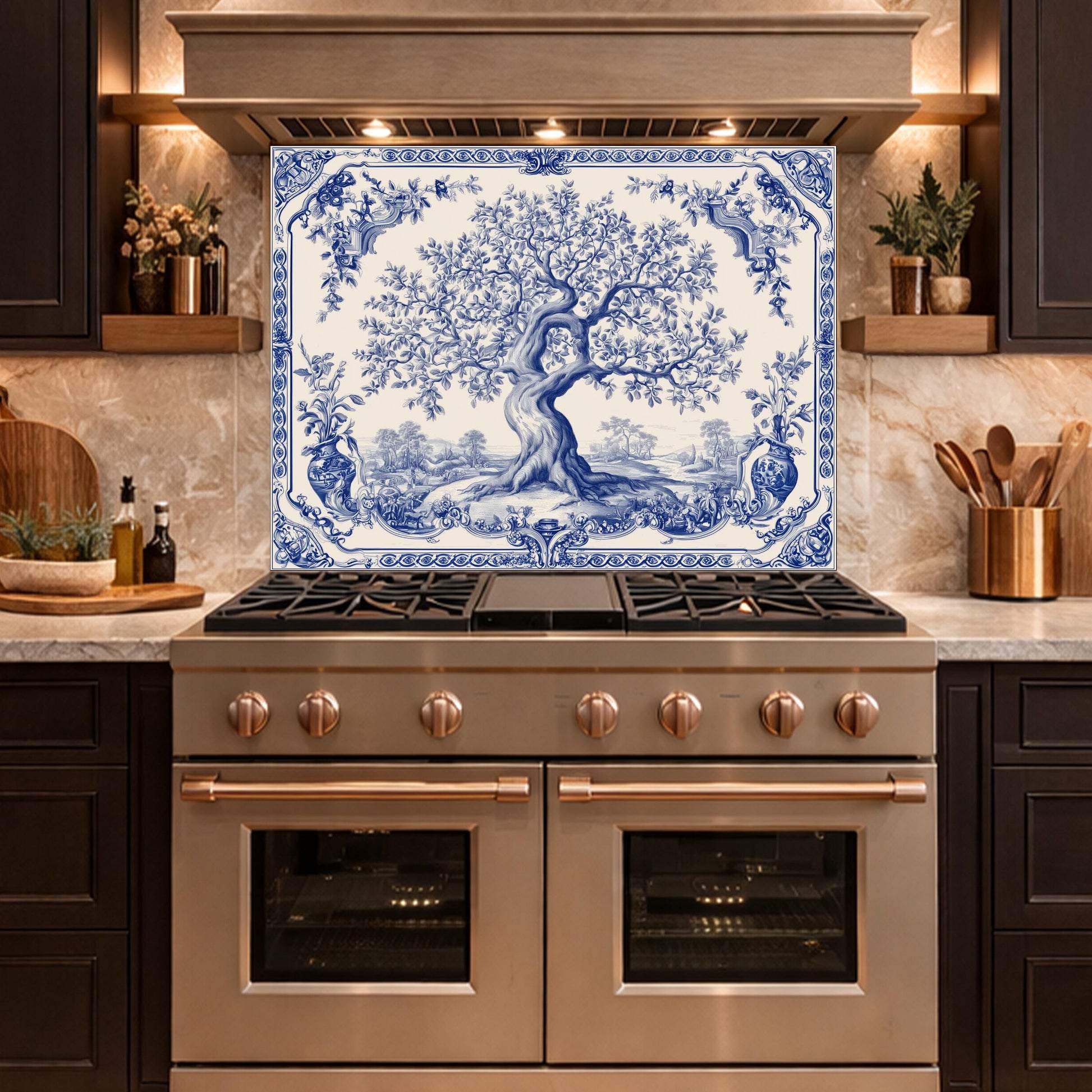 Blue White Olive Tree Glass Backsplash, Vintage Ceramic Tile Kitchen Panel