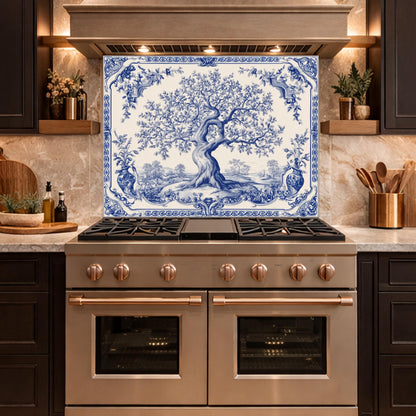 Blue White Olive Tree Glass Backsplash, Vintage Ceramic Tile Kitchen Panel