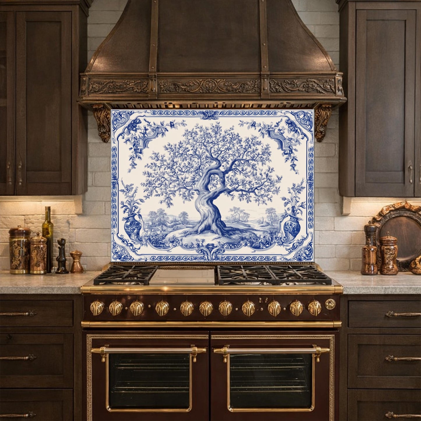 Blue White Olive Tree Glass Backsplash, Vintage Ceramic Tile Kitchen Panel
