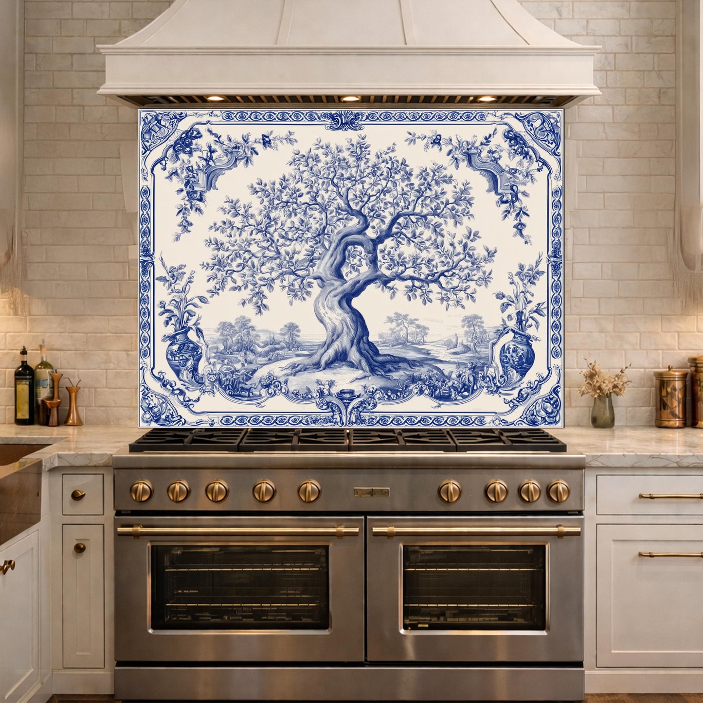 Blue White Olive Tree Glass Backsplash, Vintage Ceramic Tile Kitchen Panel