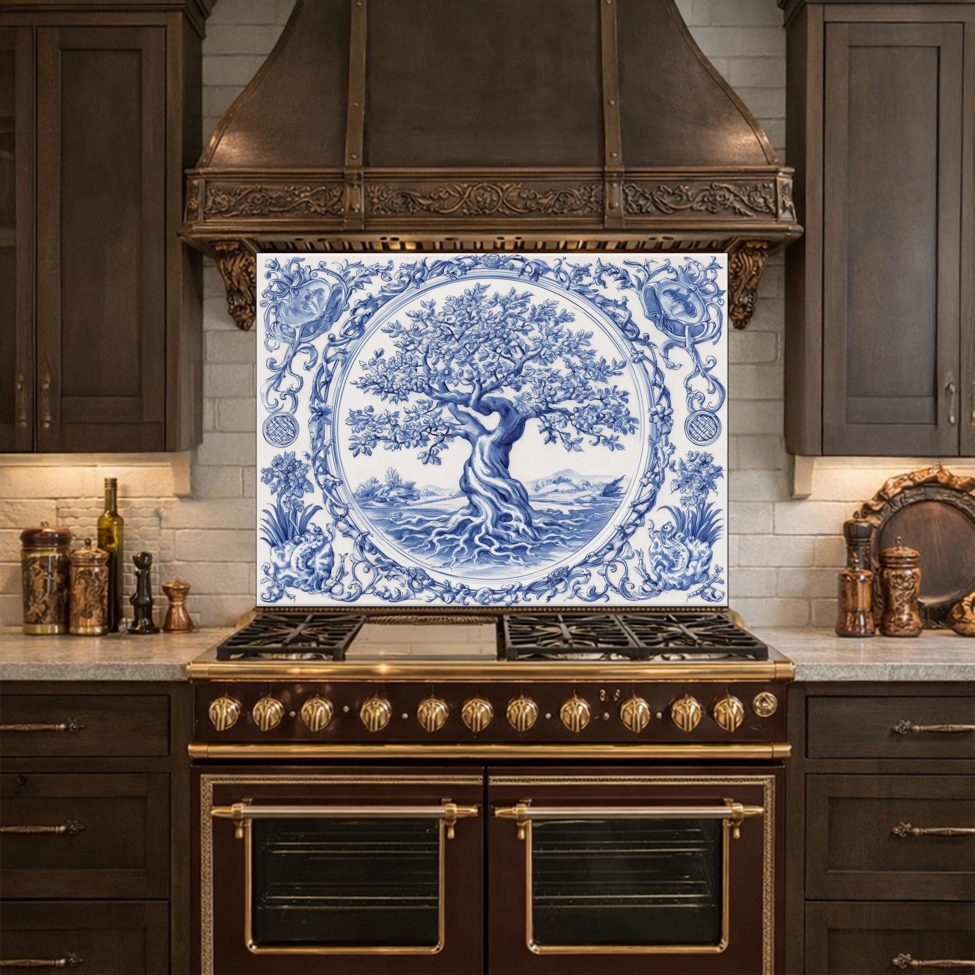 Blue White Tree of Life Glass Backsplash, Round Frame Vintage Tile Design