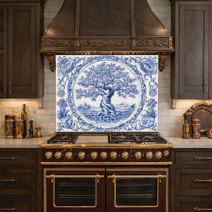 Blue White Tree of Life Glass Backsplash, Round Frame Vintage Tile Design