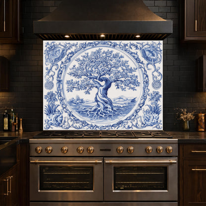 Blue White Tree of Life Glass Backsplash, Round Frame Vintage Tile Design