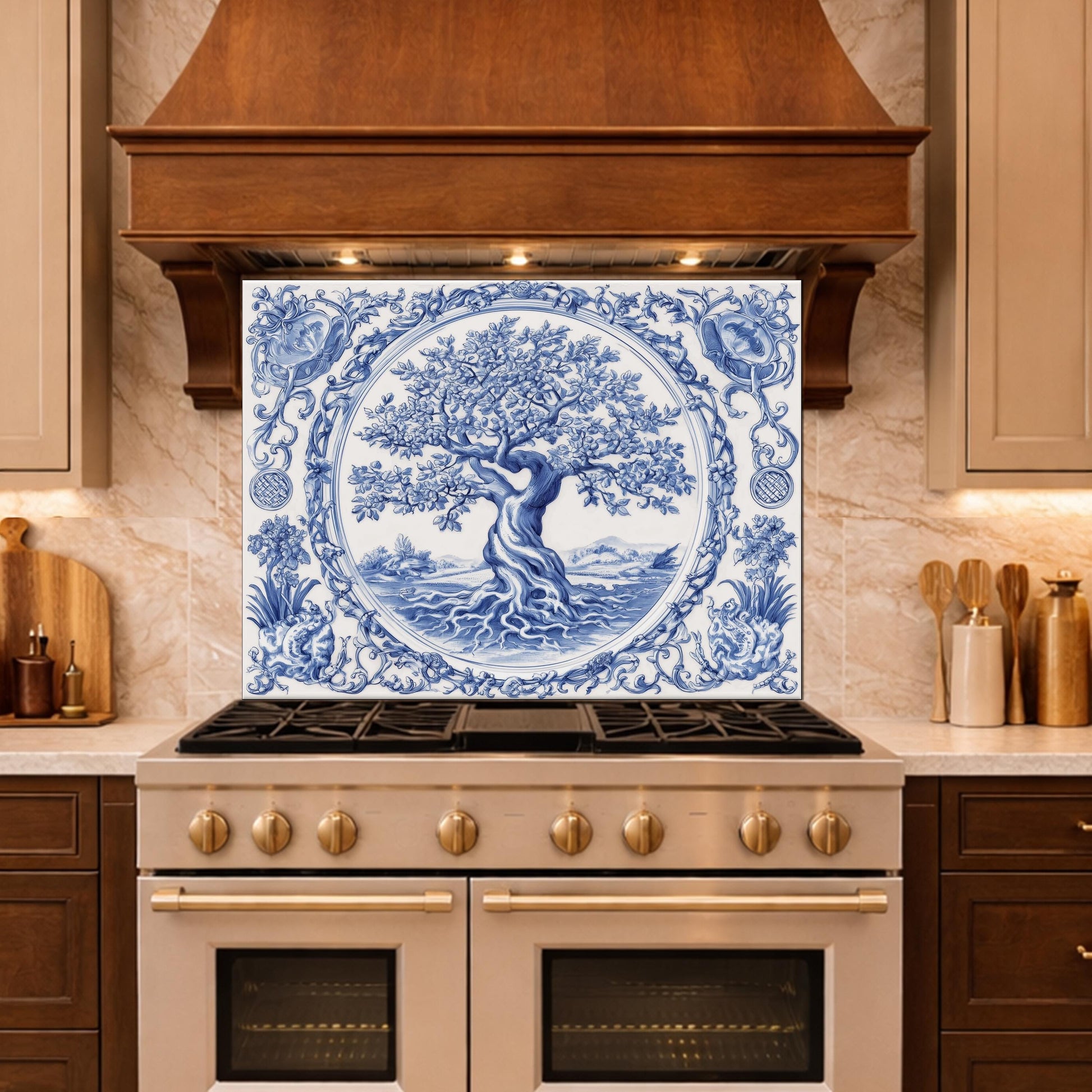 Blue White Tree of Life Glass Backsplash, Round Frame Vintage Tile Design