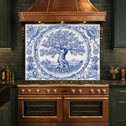 Blue White Tree of Life Glass Backsplash, Round Frame Vintage Tile Design