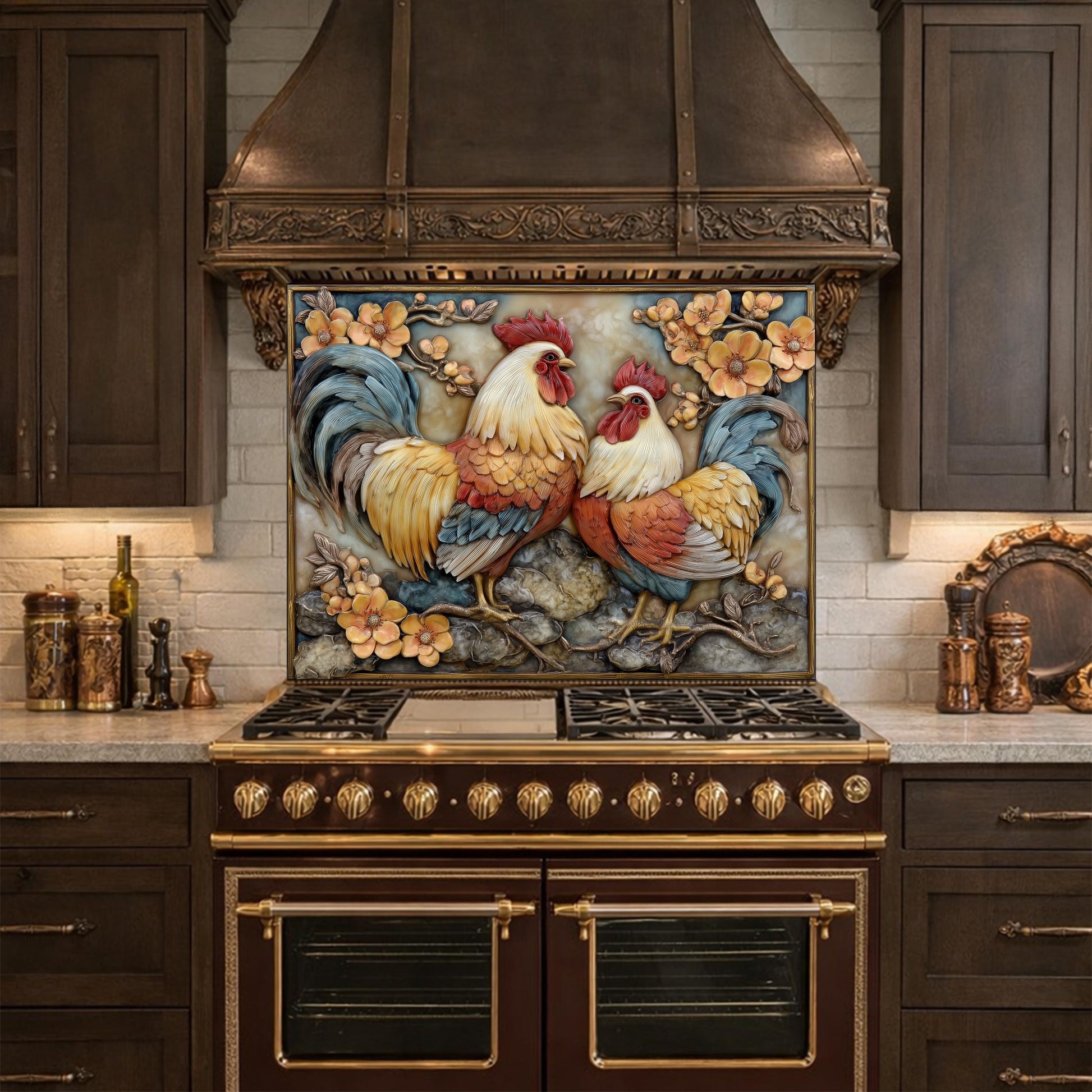 Colorful Rooster Glass Backsplash, Farmhouse Kitchen Decor UV Printed Panel