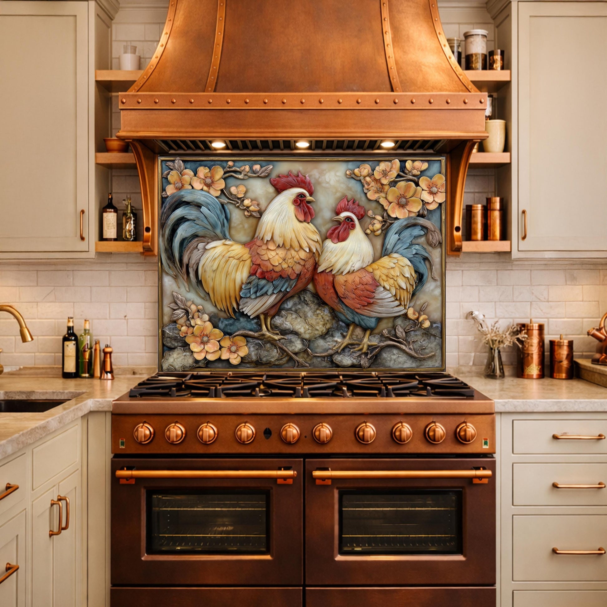Colorful Rooster Glass Backsplash, Farmhouse Kitchen Decor UV Printed Panel