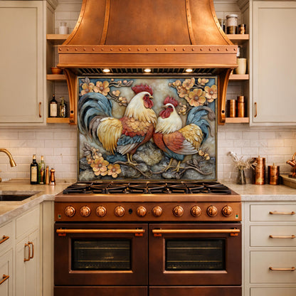 Colorful Rooster Glass Backsplash, Farmhouse Kitchen Decor UV Printed Panel