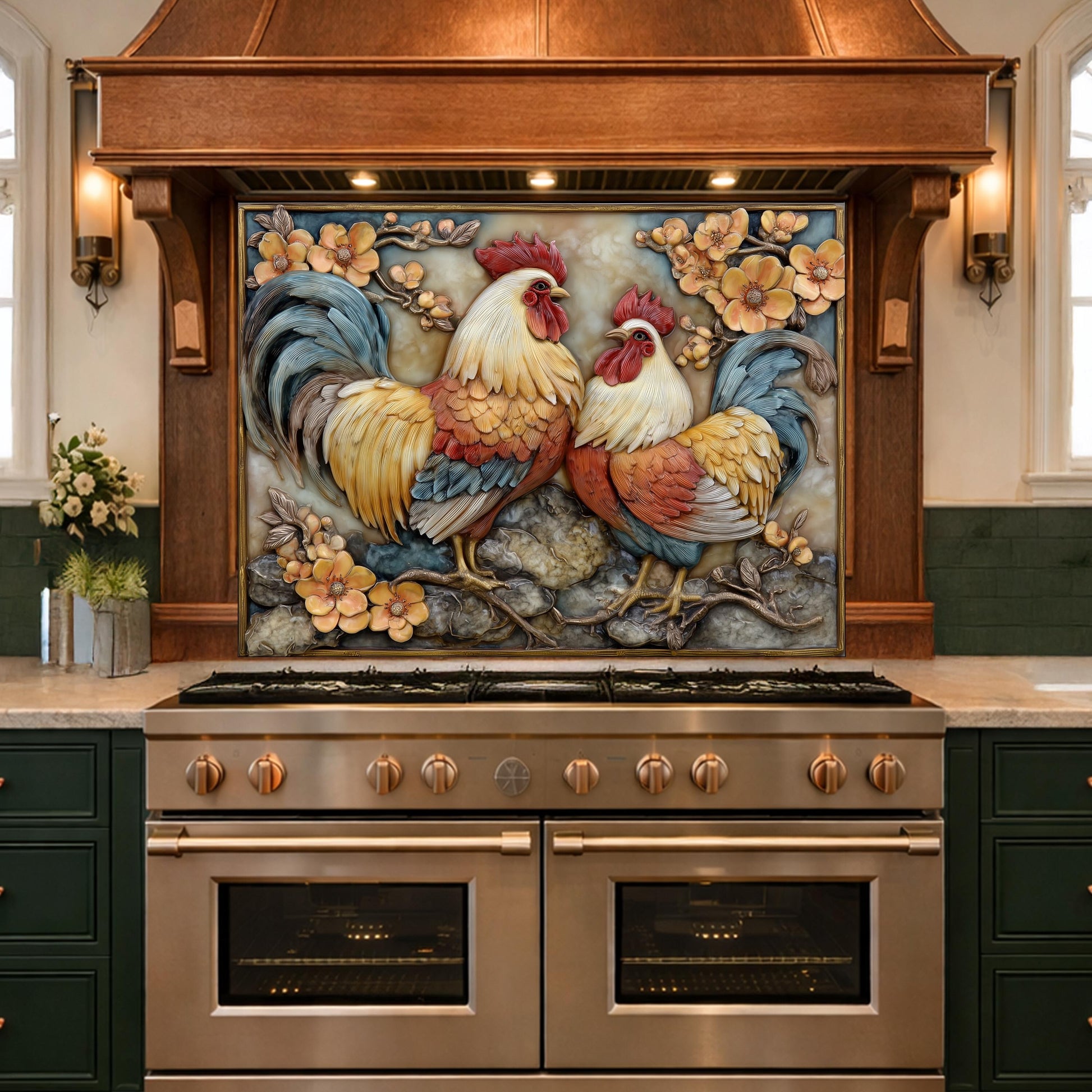 Colorful Rooster Glass Backsplash, Farmhouse Kitchen Decor UV Printed Panel