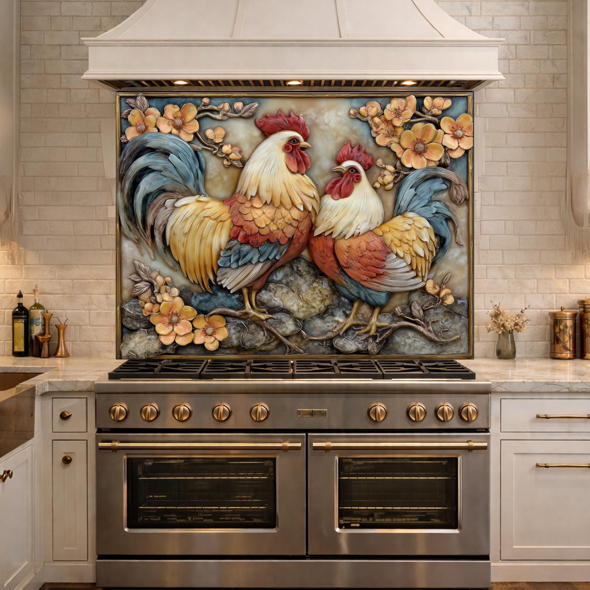 Colorful Rooster Glass Backsplash, Farmhouse Kitchen Decor UV Printed Panel