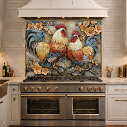 Colorful Rooster Glass Backsplash, Farmhouse Kitchen Decor UV Printed Panel