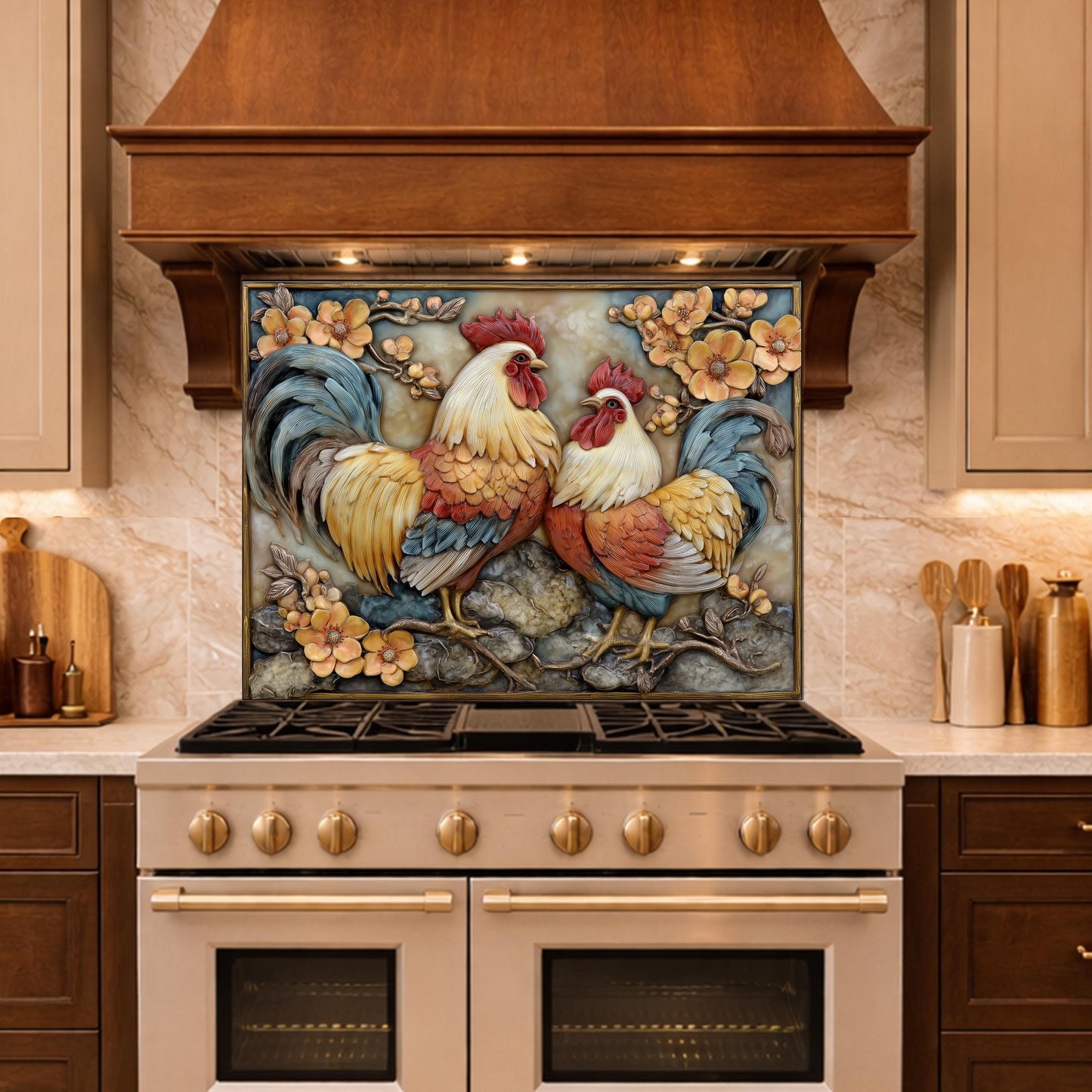 Colorful Rooster Glass Backsplash, Farmhouse Kitchen Decor UV Printed Panel