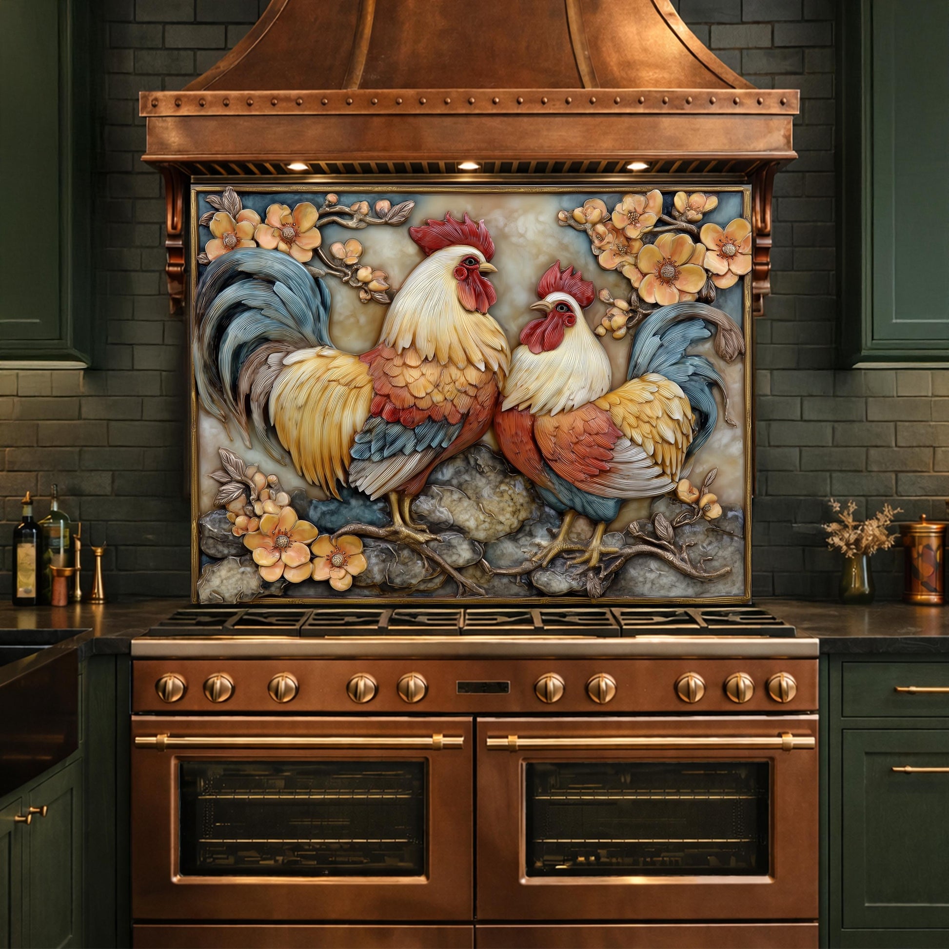 Colorful Rooster Glass Backsplash, Farmhouse Kitchen Decor UV Printed Panel