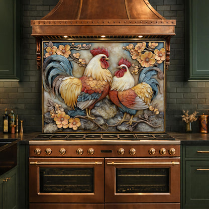 Colorful Rooster Glass Backsplash, Farmhouse Kitchen Decor UV Printed Panel
