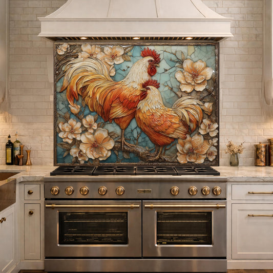 Colorful Rooster Glass Backsplash, Farmhouse Floral Kitchen Wall Panel Decor