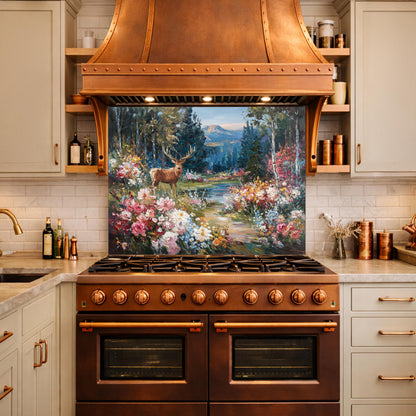 Deer Forest Floral Glass Backsplash, Colorful Mountain Landscape Kitchen Panel