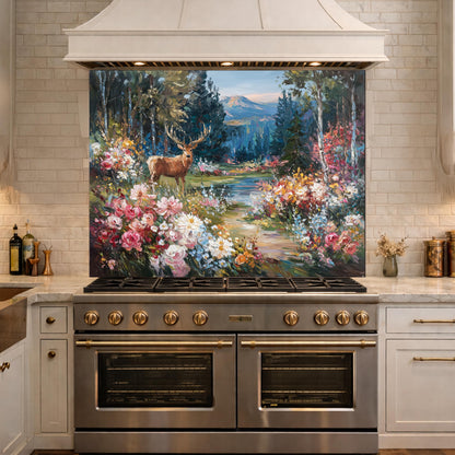 Deer Forest Floral Glass Backsplash, Colorful Mountain Landscape Kitchen Panel