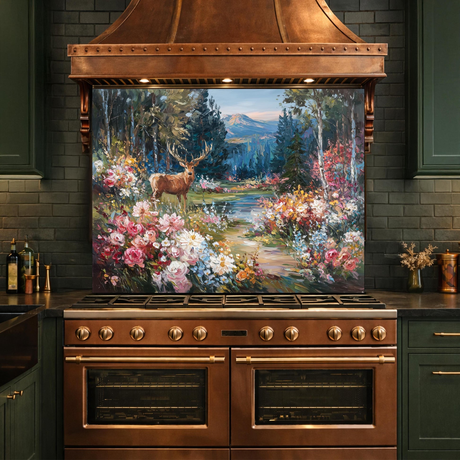 Deer Forest Floral Glass Backsplash, Colorful Mountain Landscape Kitchen Panel