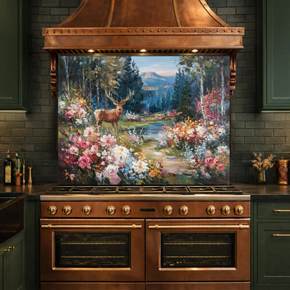 Deer Forest Floral Glass Backsplash, Colorful Mountain Landscape Kitchen Panel