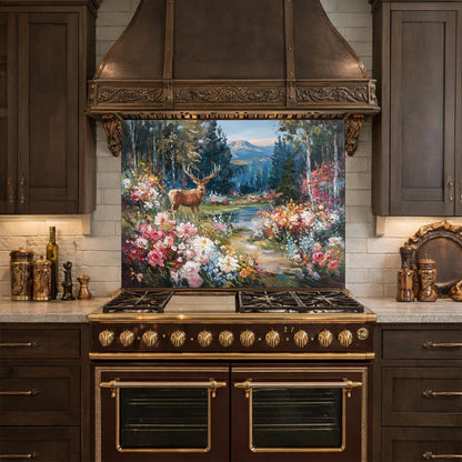 Deer Forest Floral Glass Backsplash, Colorful Mountain Landscape Kitchen Panel