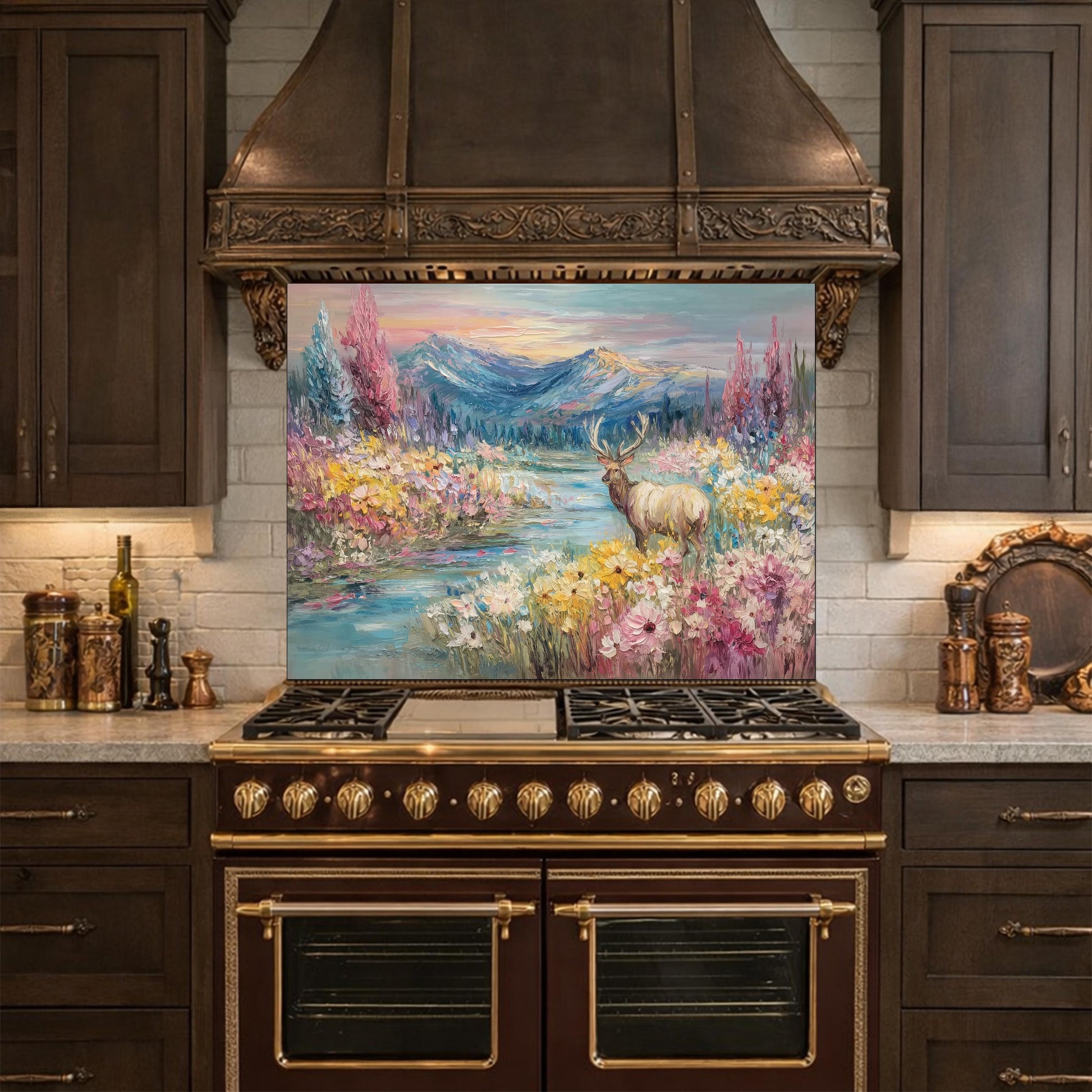 Colorful Deer Lake Glass Backsplash, Floral Mountain Landscape Kitchen Panel