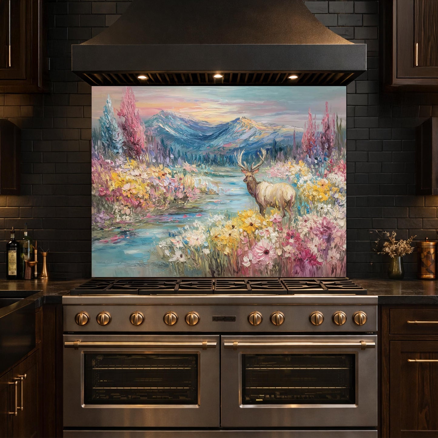 Colorful Deer Lake Glass Backsplash, Floral Mountain Landscape Kitchen Panel