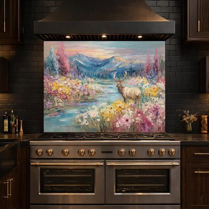 Colorful Deer Lake Glass Backsplash, Floral Mountain Landscape Kitchen Panel