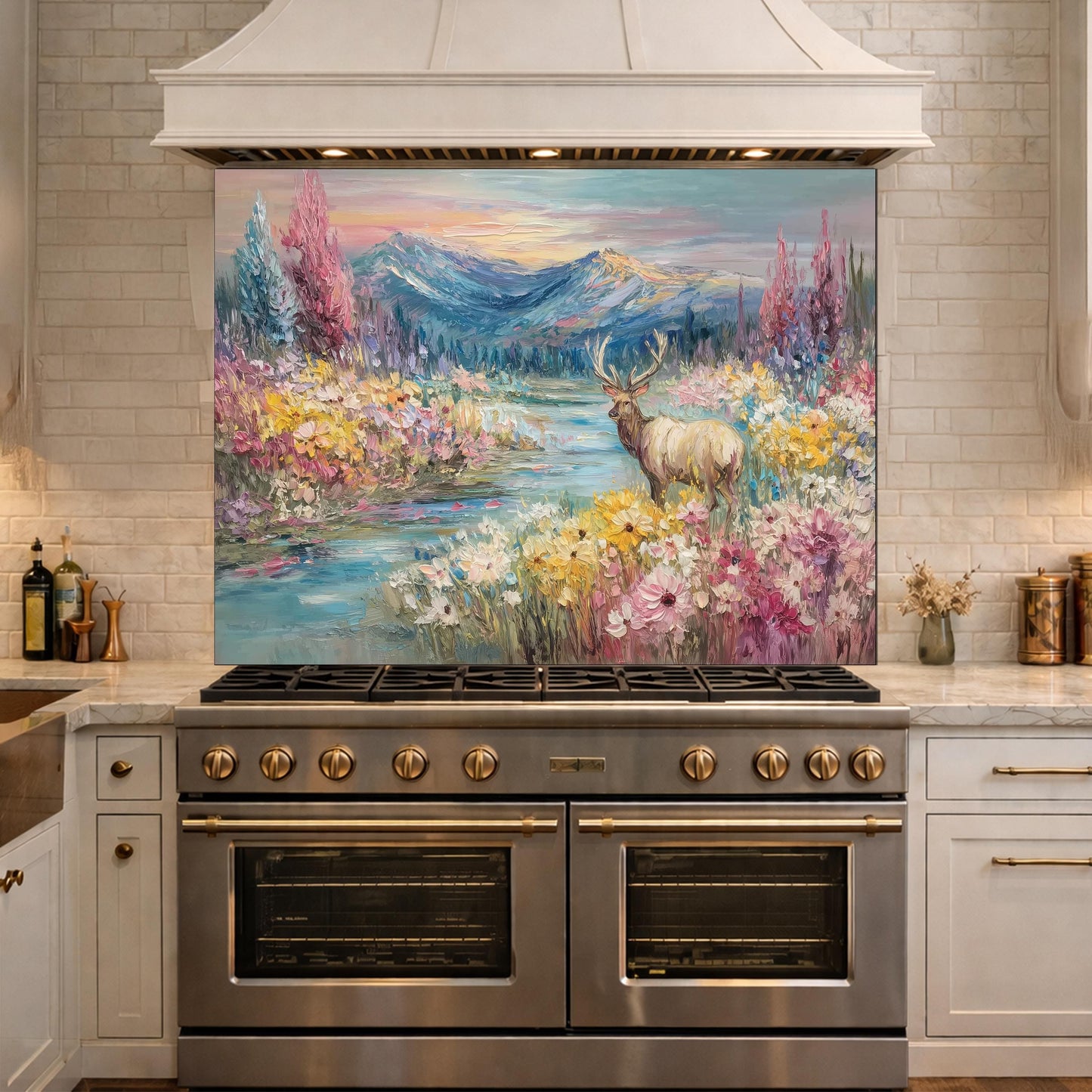 Colorful Deer Lake Glass Backsplash, Floral Mountain Landscape Kitchen Panel