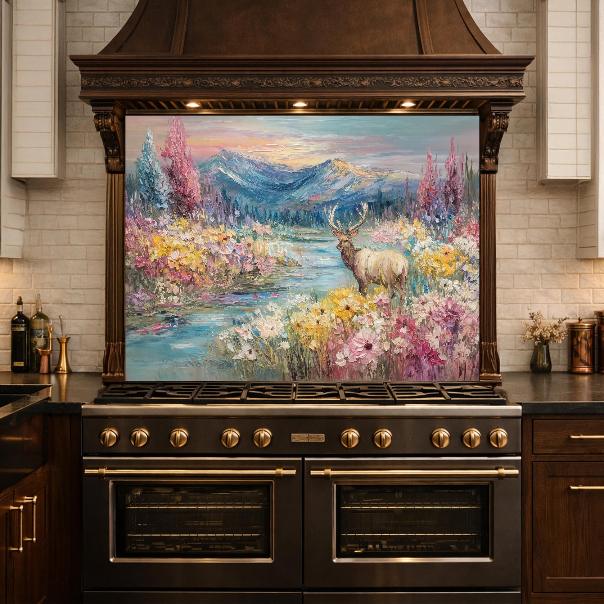 Colorful Deer Lake Glass Backsplash, Floral Mountain Landscape Kitchen Panel