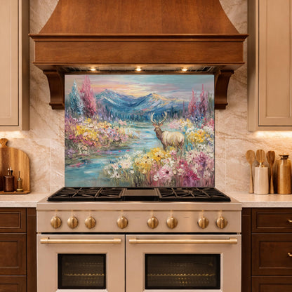 Colorful Deer Lake Glass Backsplash, Floral Mountain Landscape Kitchen Panel