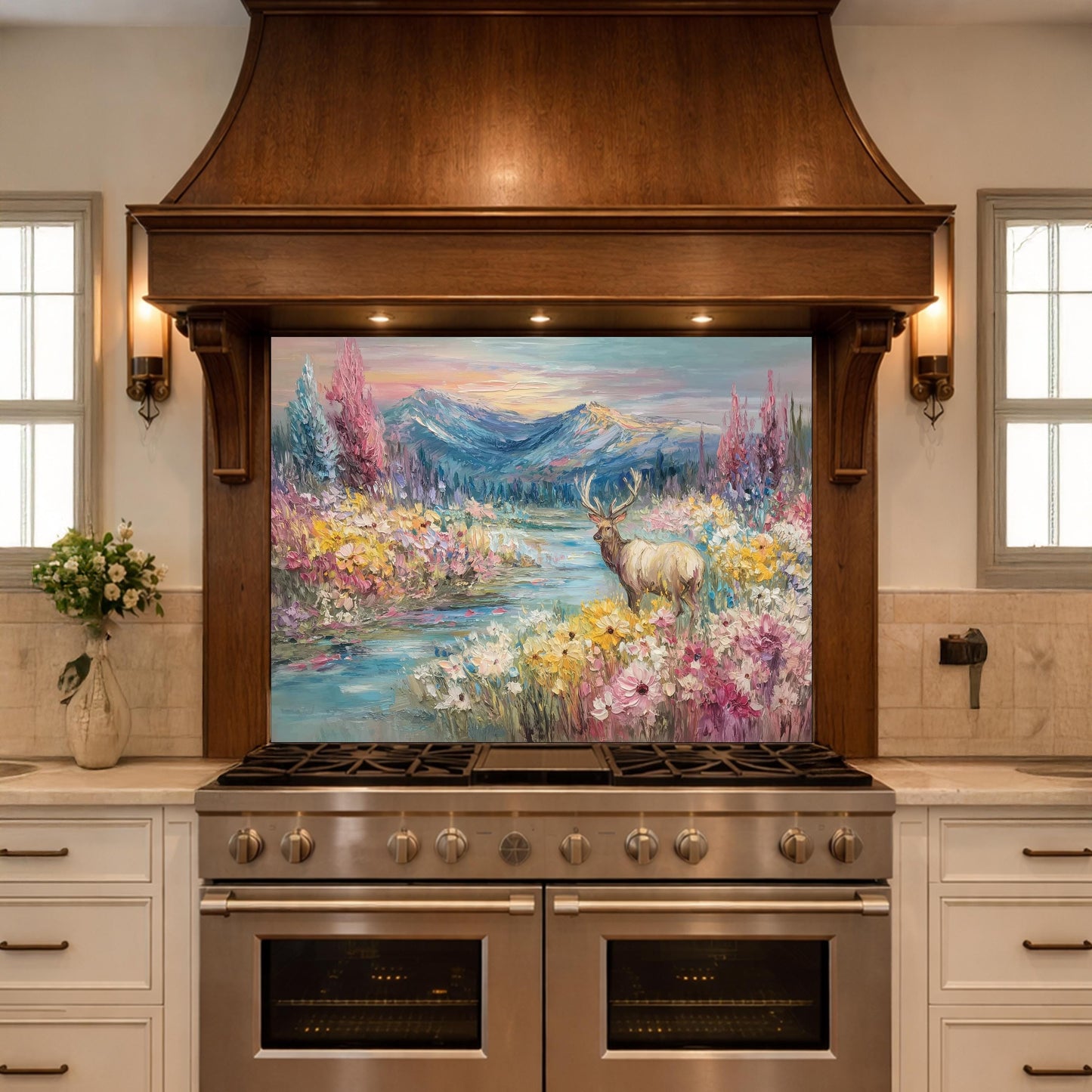 Colorful Deer Lake Glass Backsplash, Floral Mountain Landscape Kitchen Panel