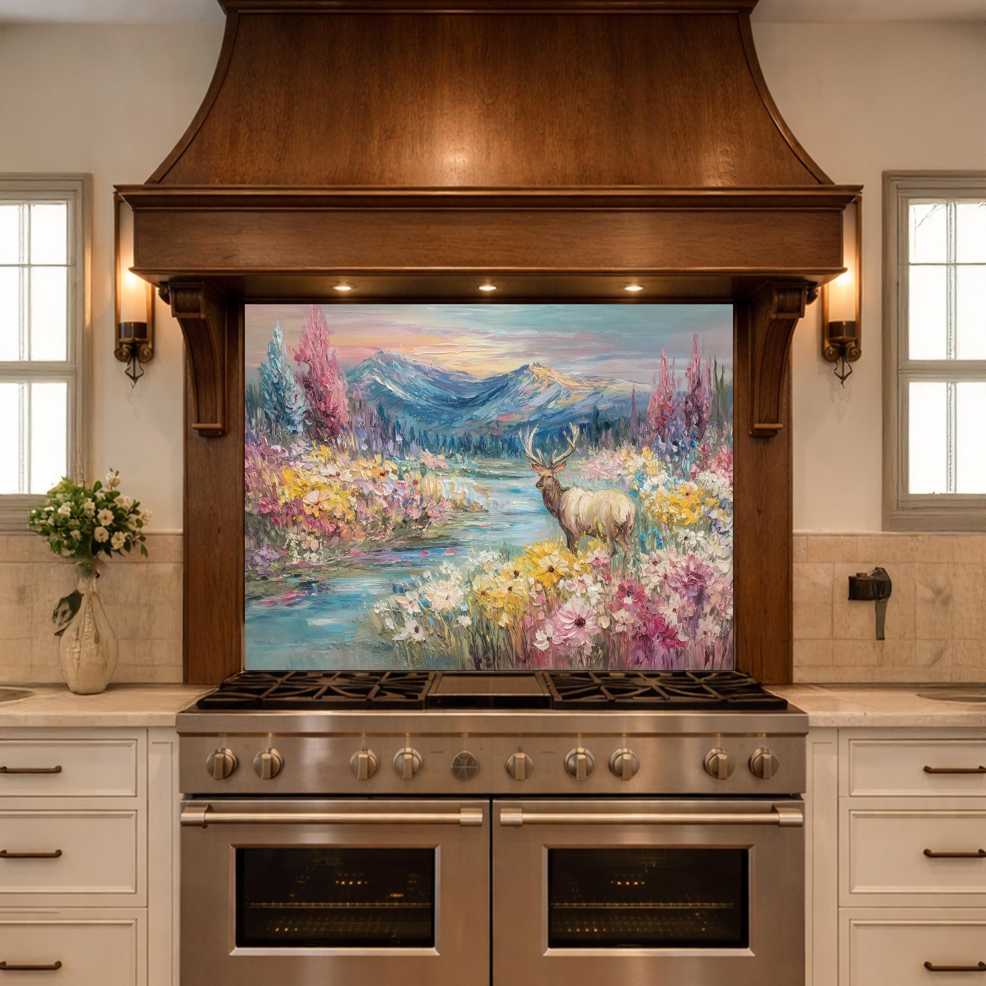 Colorful Deer Lake Glass Backsplash, Floral Mountain Landscape Kitchen Panel
