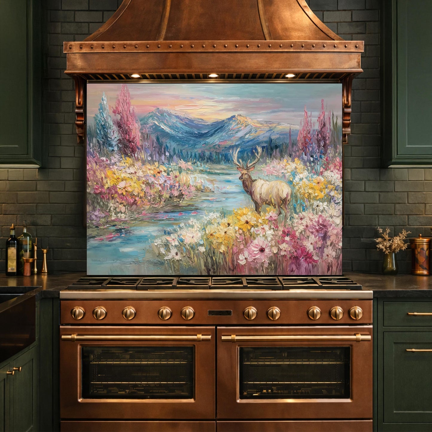 Colorful Deer Lake Glass Backsplash, Floral Mountain Landscape Kitchen Panel