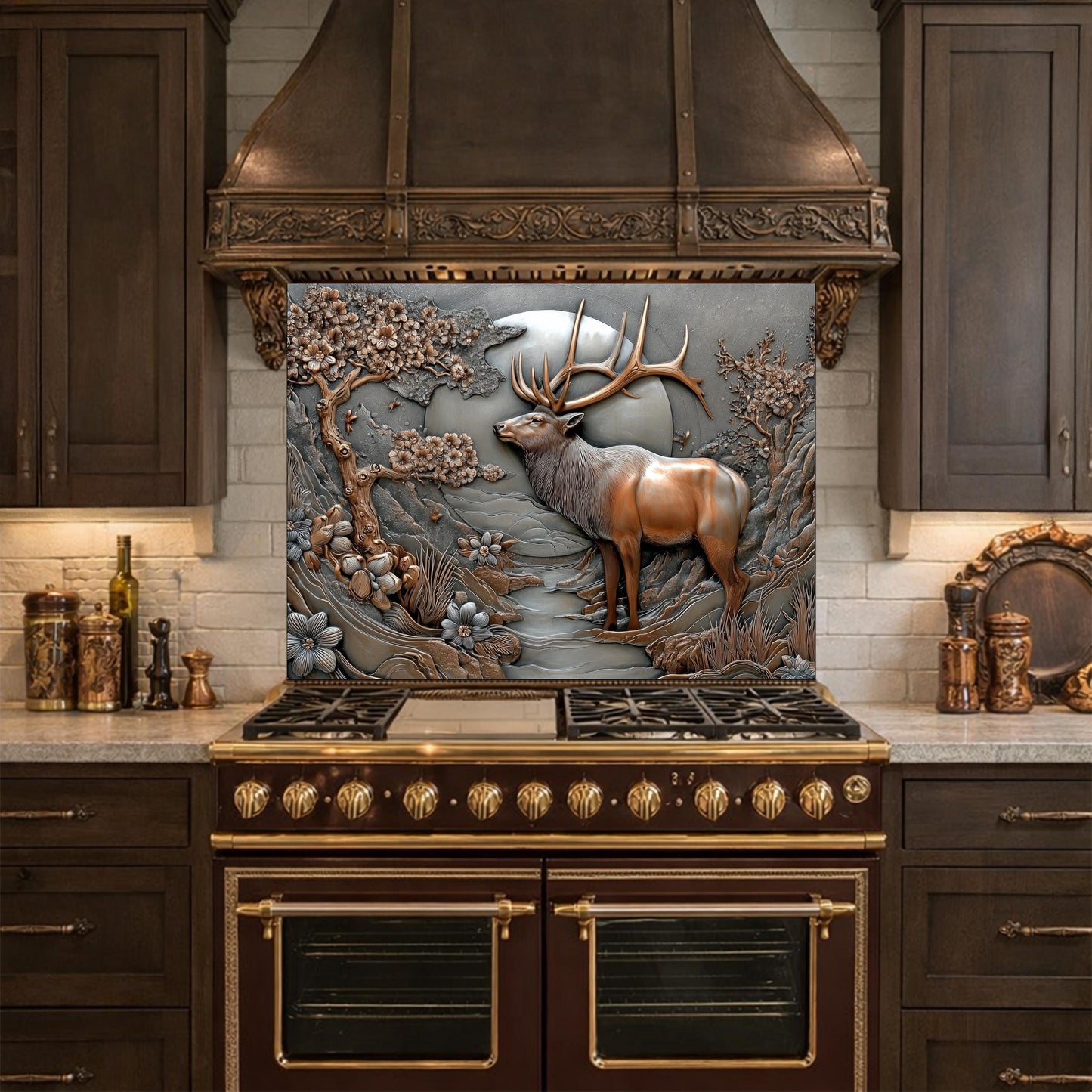 3D Deer Relief Glass Backsplash, Metallic Floral Nature Kitchen Wall Panel