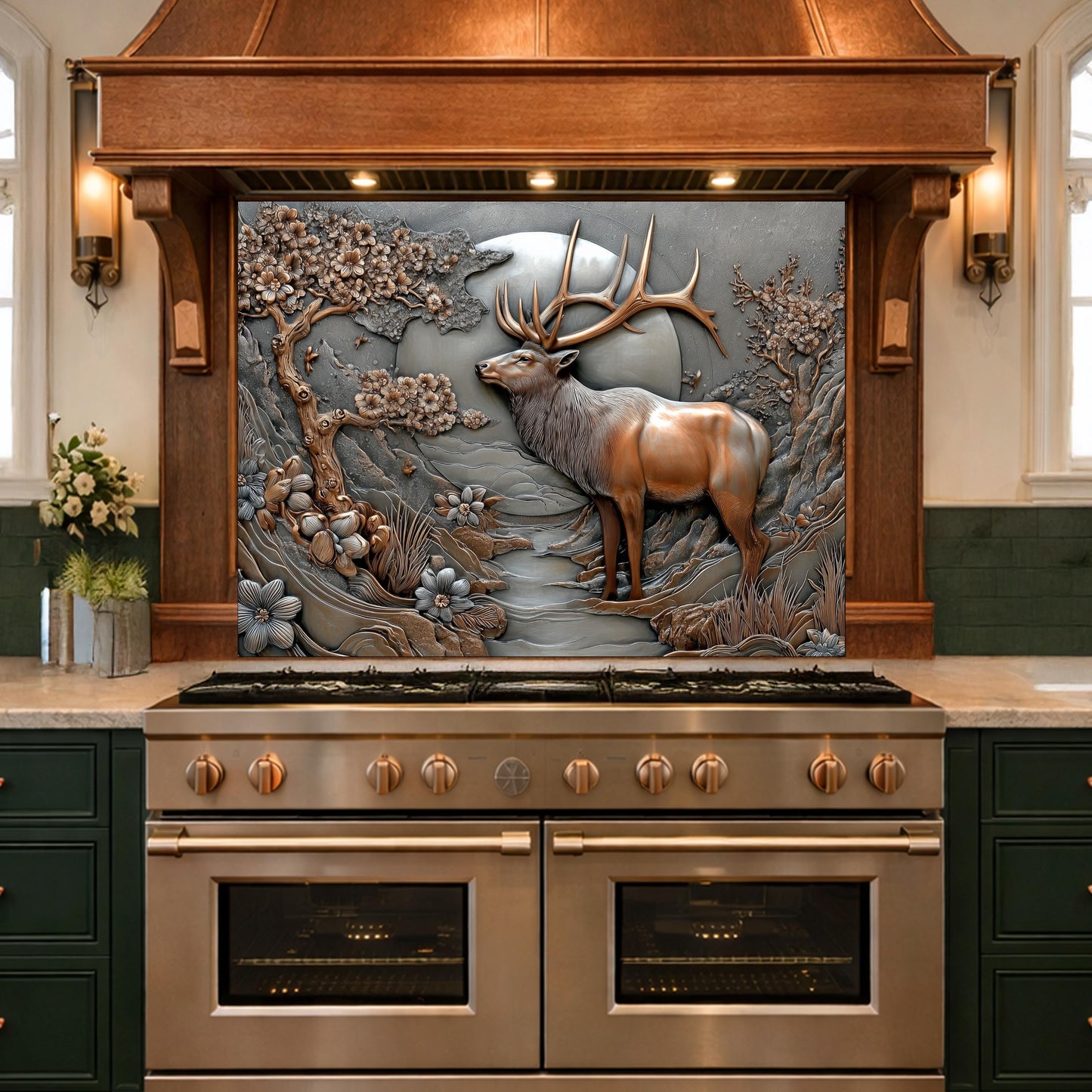 3D Deer Relief Glass Backsplash, Metallic Floral Nature Kitchen Wall Panel