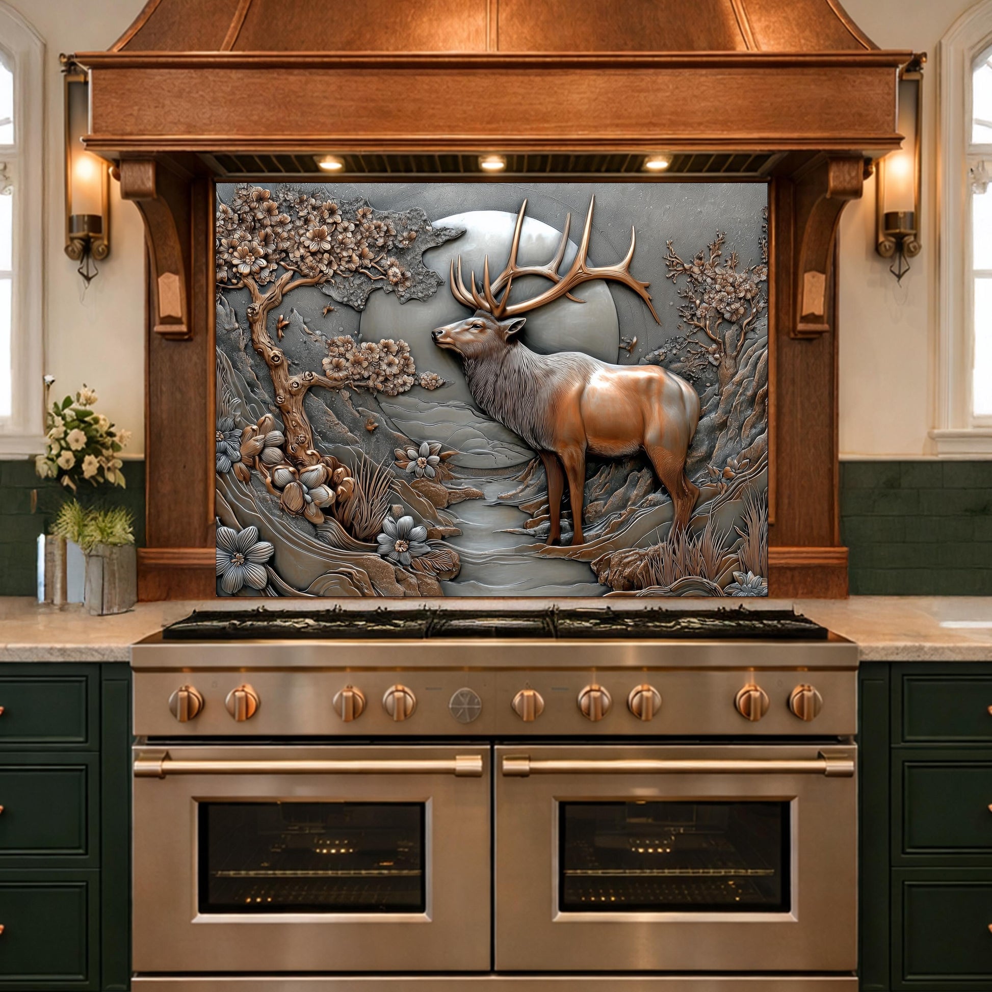 3D Deer Relief Glass Backsplash, Metallic Floral Nature Kitchen Wall Panel