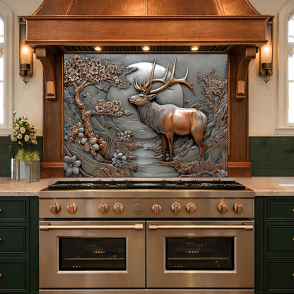3D Deer Relief Glass Backsplash, Metallic Floral Nature Kitchen Wall Panel