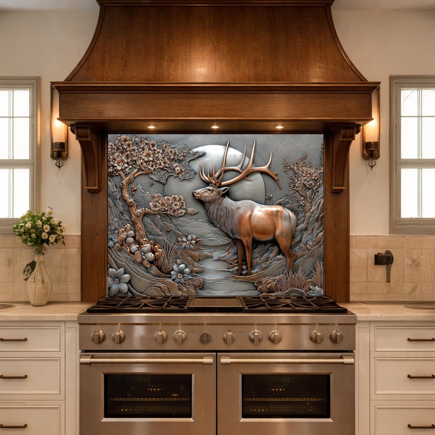 3D Deer Relief Glass Backsplash, Metallic Floral Nature Kitchen Wall Panel