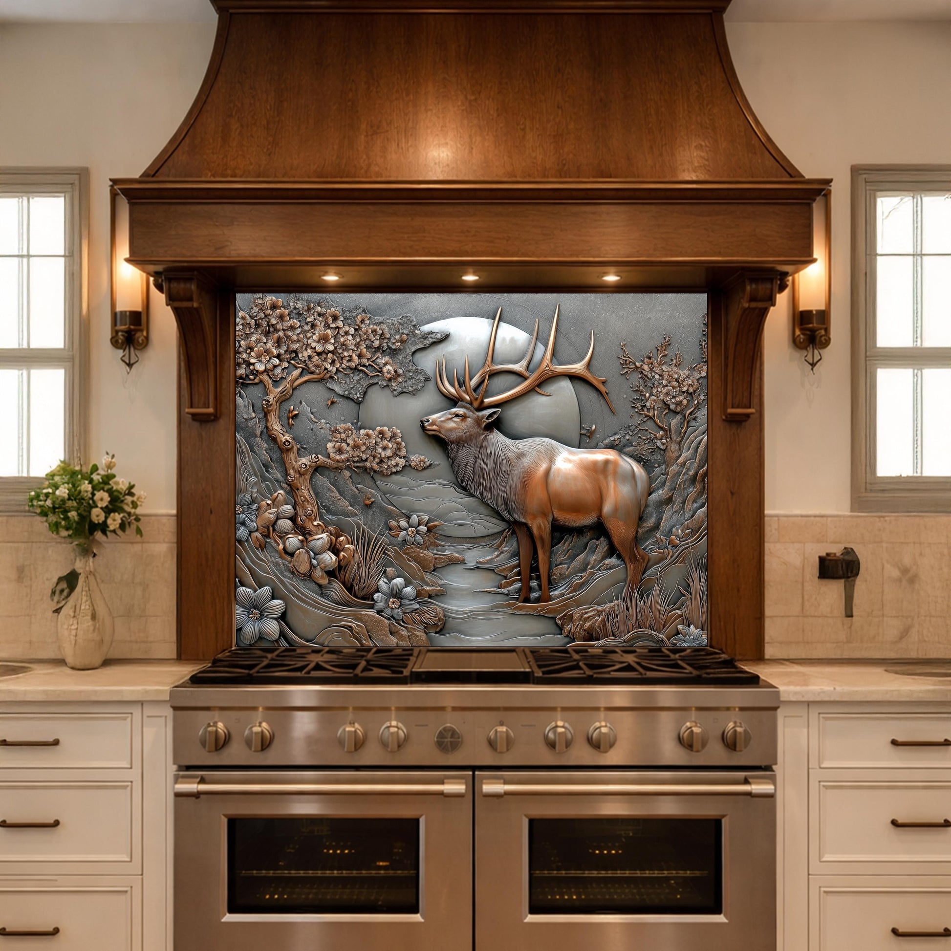 3D Deer Relief Glass Backsplash, Metallic Floral Nature Kitchen Wall Panel
