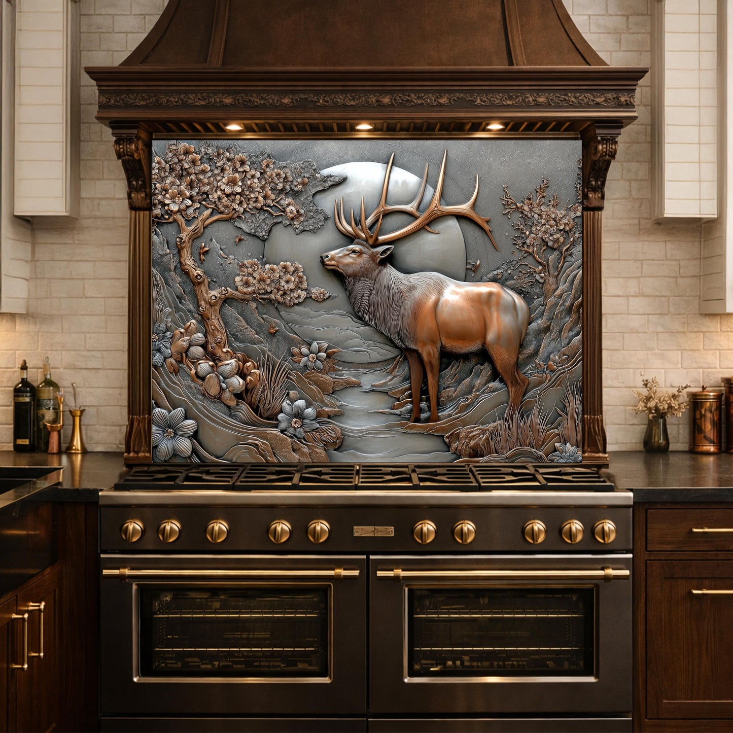 3D Deer Relief Glass Backsplash, Metallic Floral Nature Kitchen Wall Panel