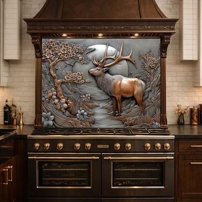 3D Deer Relief Glass Backsplash, Metallic Floral Nature Kitchen Wall Panel