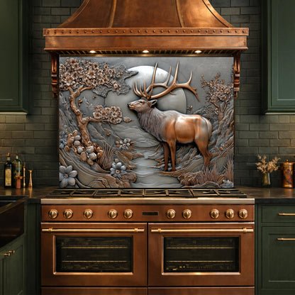 3D Deer Relief Glass Backsplash, Metallic Floral Nature Kitchen Wall Panel
