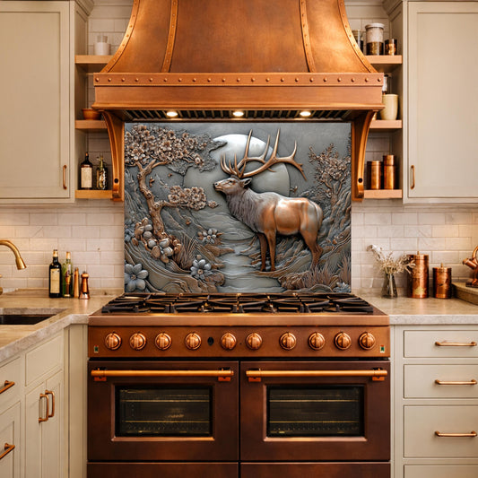 3D Deer Relief Glass Backsplash, Metallic Floral Nature Kitchen Wall Panel