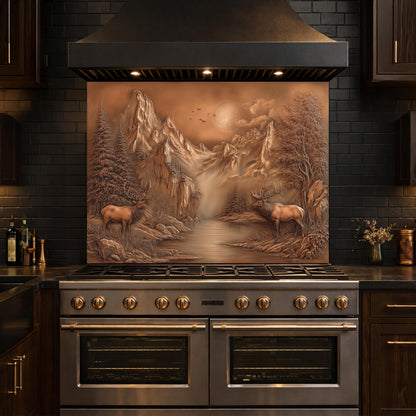 3D Deer Mountain Glass Backsplash, Bronze Landscape Kitchen Wall Panel