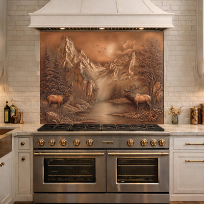 3D Deer Mountain Glass Backsplash, Bronze Landscape Kitchen Wall Panel